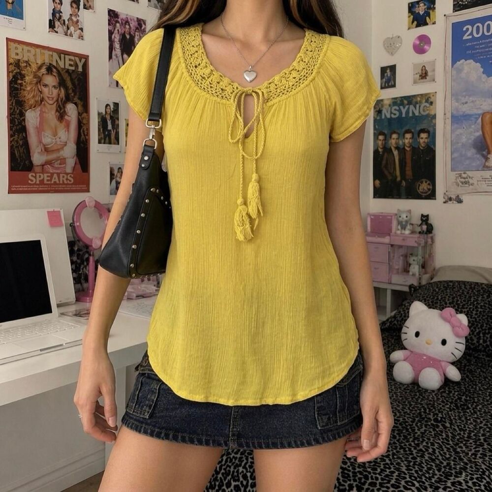 Lucky Brand Yellow Boho Crochet Peasant Blouse Gauze Fairycore Size Small Cotton